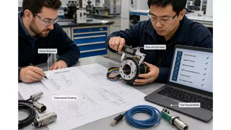 Engineers reviewing electrical loads, signal protocols, dimensions and test requirements for rotating connector selection Engineers reviewing electrical loads, signal protocols, dimensions and test requirements for rotating connector selection